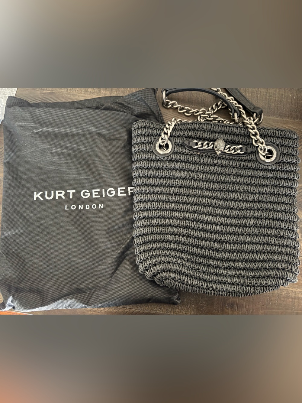 Kurt Geiger London Brixton Small Raffia Tote woven Bag in Black with chainstraps